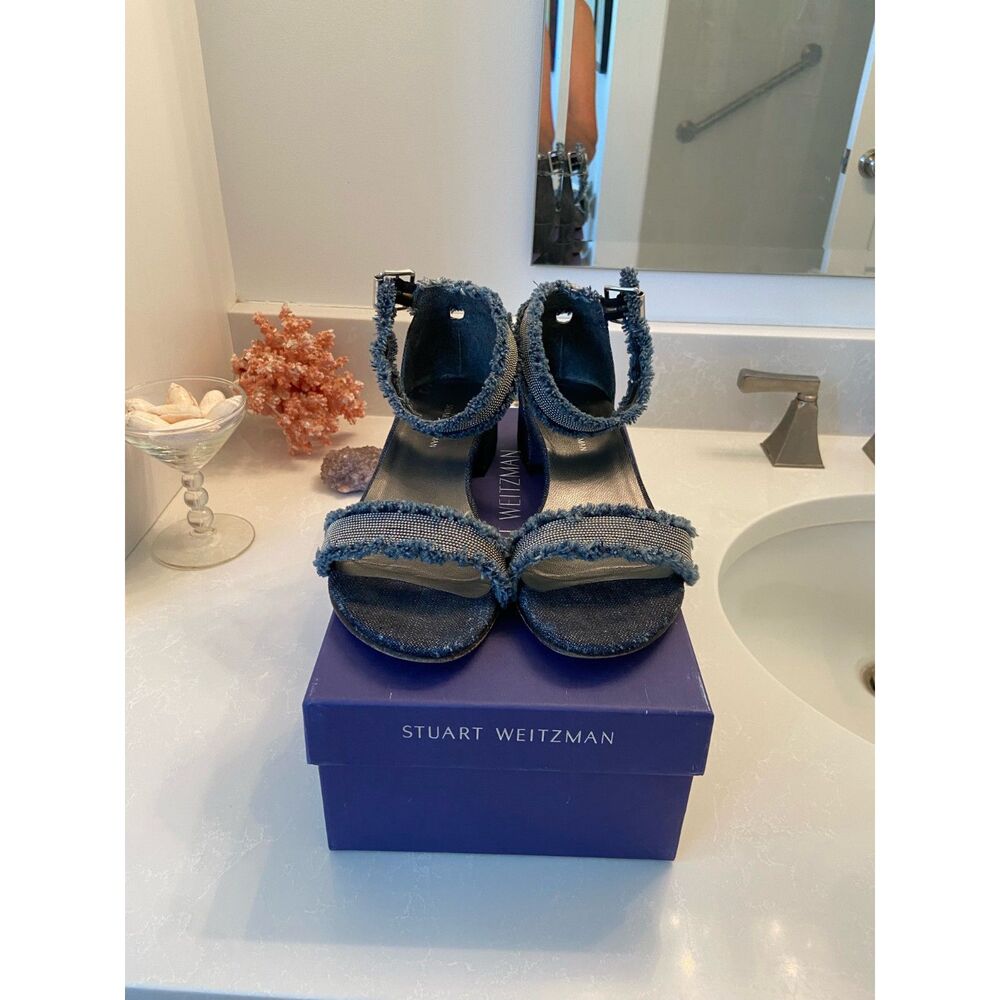 Stuart Weitzman Navy Strappy Ankle Wrap Block Heels Denim Sandals 6.5 - Picture 4 of 8